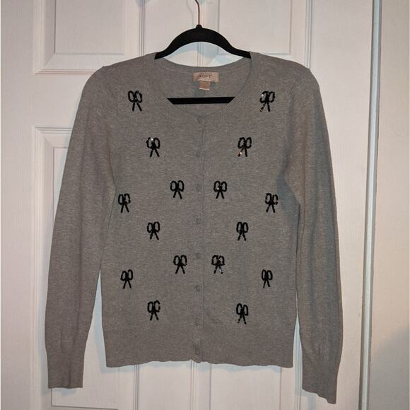 Ann Taylor Loft Gray Button Down Black Sequined Bows Cardigan S - Picture 1 of 12